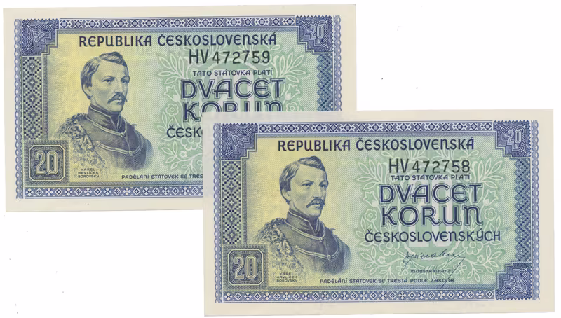 20 Koruna b.d. (1945), série HV, Hej.72a, 2 kusy