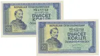 20 Koruna b.d. (1945), série HV, Hej.72a, 2 kusy