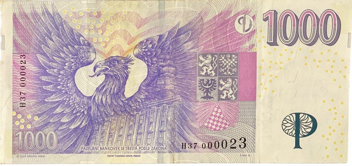 Česká republika, 1000 Koruna 2008, pěkné nízké číslo H 37  000023, Hej.CZ28aH