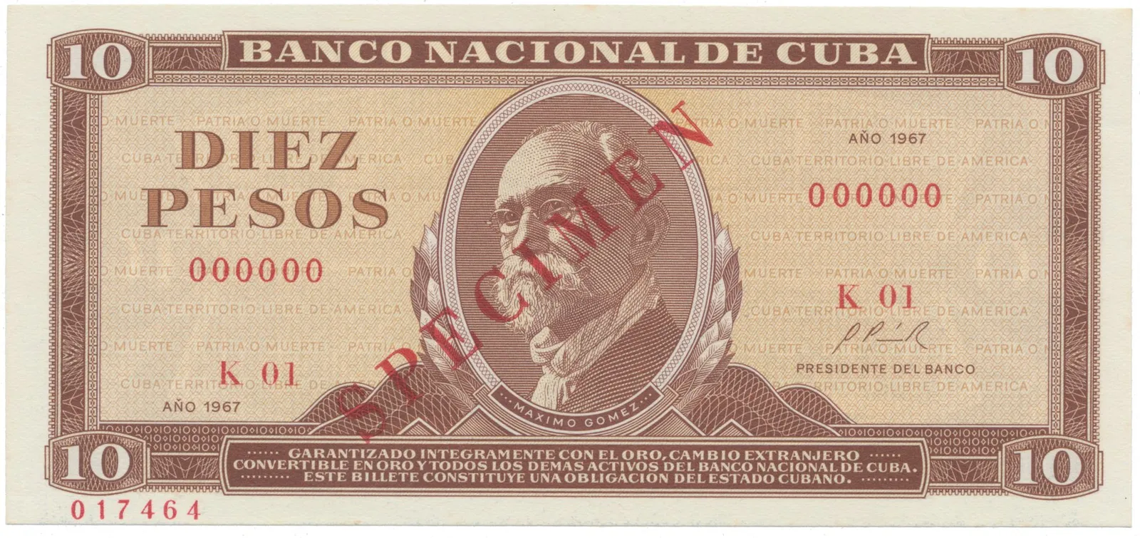 Kuba, 10 Pesos 1967, tisk STC Praha, anulát - SPECIMEN, bankovní vzor, P.104as