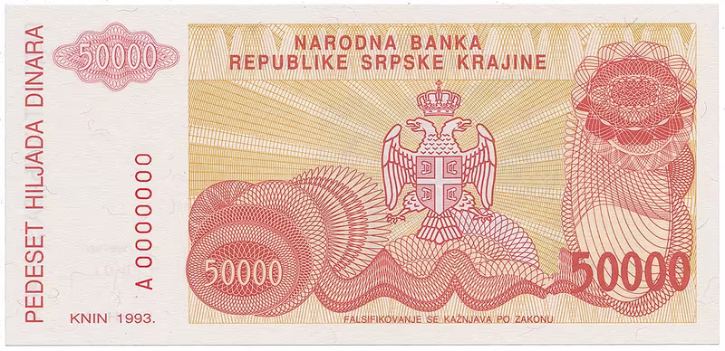 Chorvatsko - Srbská Krajina, 50.000 Dinara 1993, anulát, A 0000000, P.R21