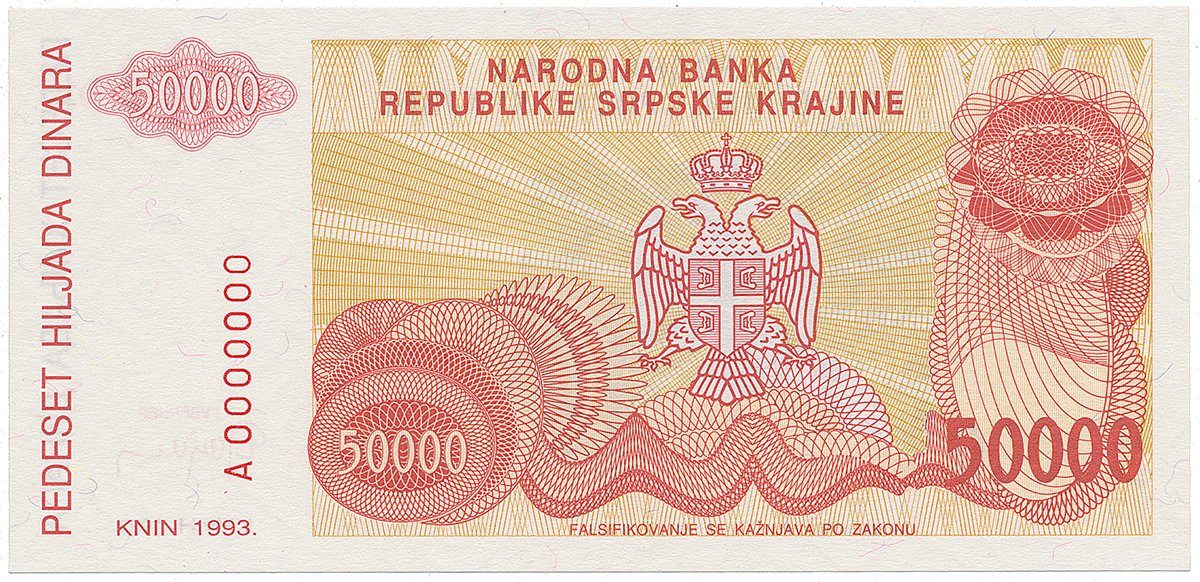 Chorvatsko - Srbská Krajina, 50.000 Dinara 1993, anulát, A 0000000, P.R21