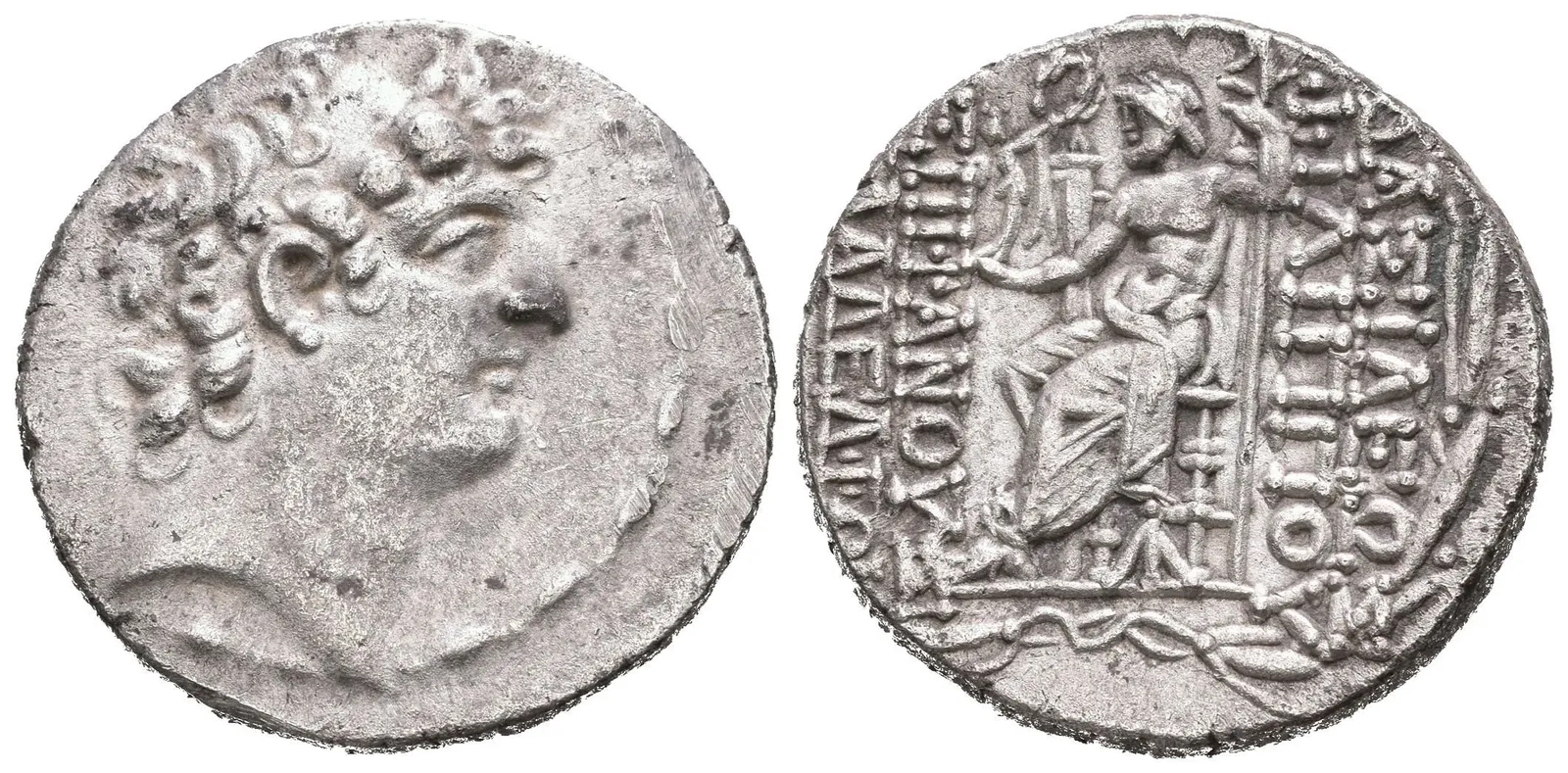 Tetradrachma, Hlava Antiocha s diadémem zprava / Sedící Zeus zleva drží Victorii — 1