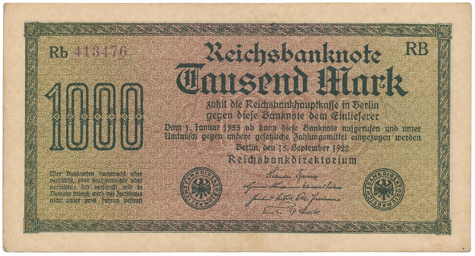 Německo, 1000 Mark 1922, vod. Kreuzblütten, fialové číslo, Ro.75k