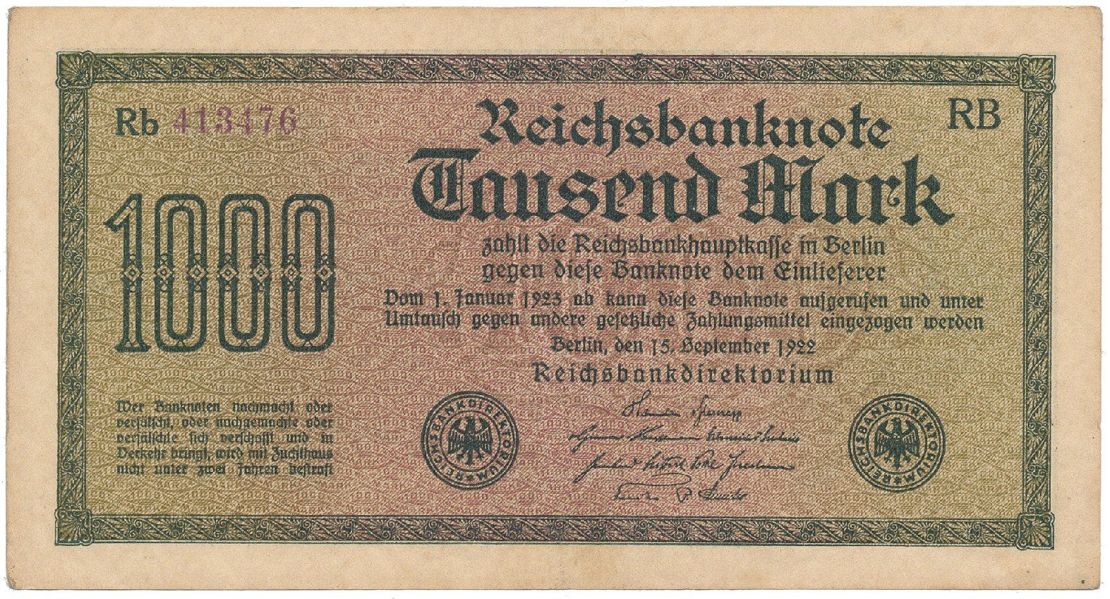 Německo, 1000 Mark 1922, vod. Kreuzblütten, fialové číslo, Ro.75k