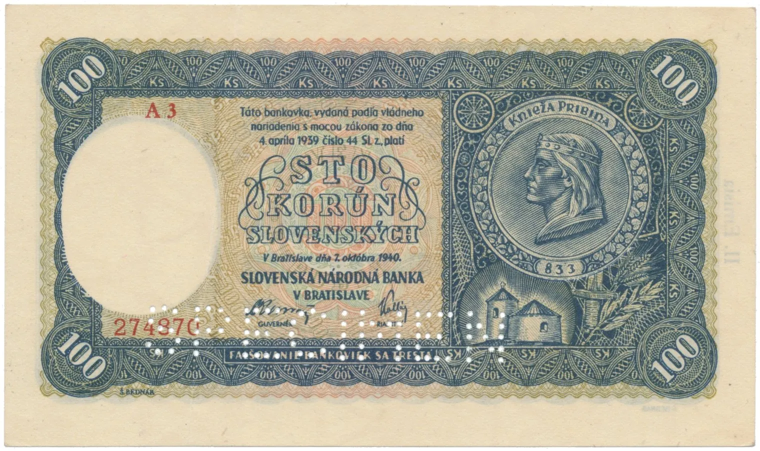100 Koruna 1940, II. vydání, série A 3, Hej.49a1.S1