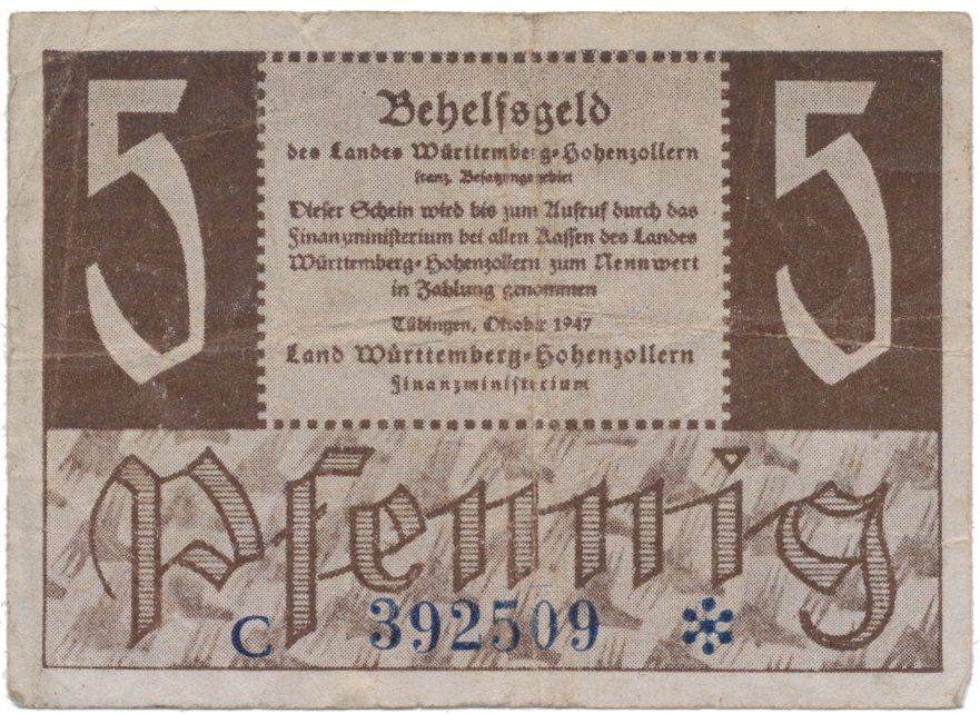 Německo - francouzská okupační zóna, Württemberg, 5 Pfennig 1947, Ro.214b