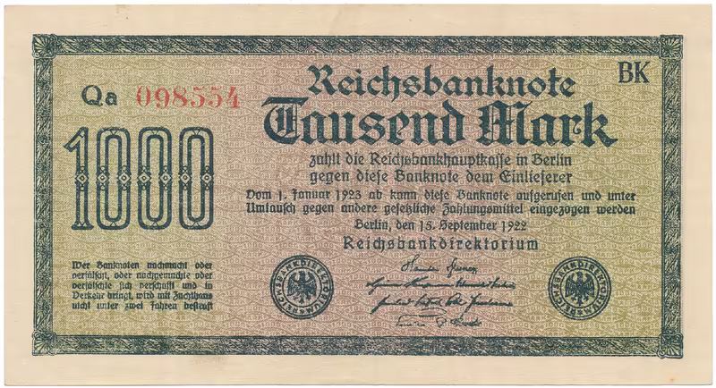 Německo, 1000 Mark 1922, vod. Mäander, červené 6-místné číslo, Ro.75g