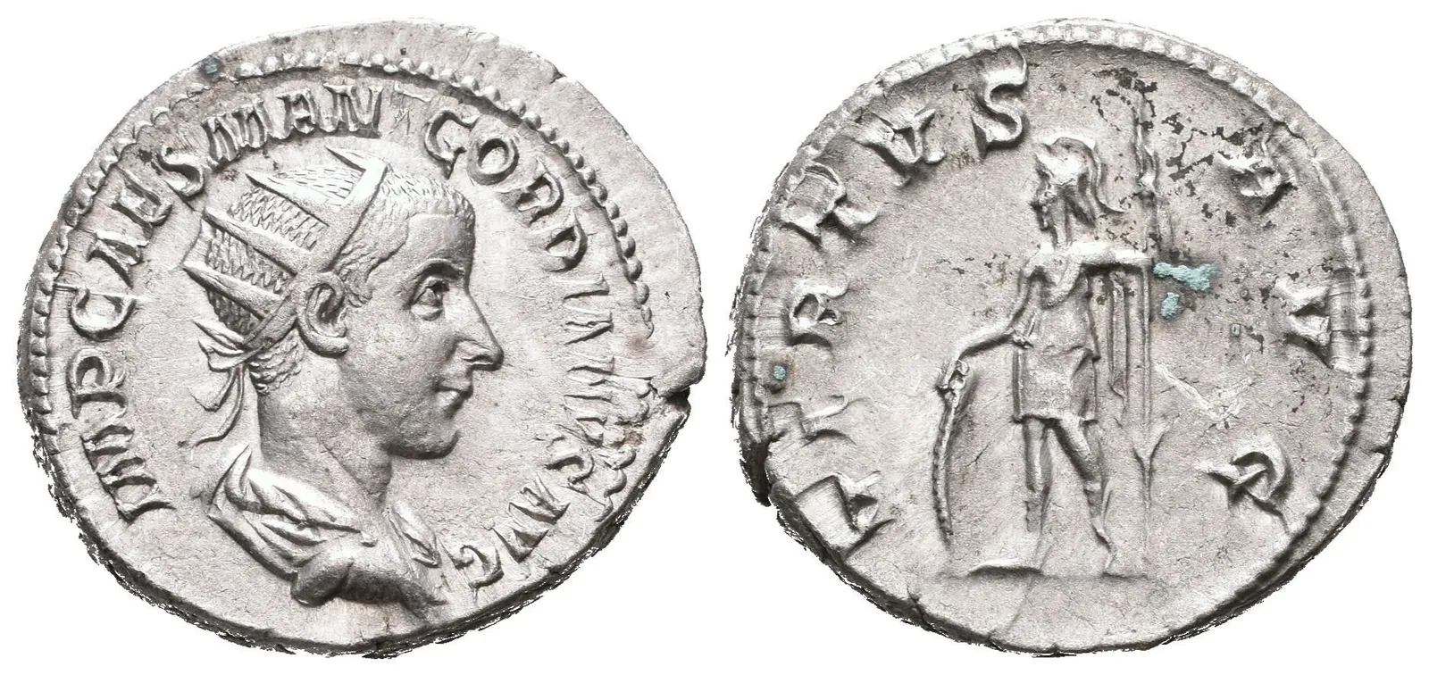 Antoninian, 238 - 239, Rv: VIRTVS AVG, stojící Virtus čelně přidržuje štít a drží oštěp, — 1