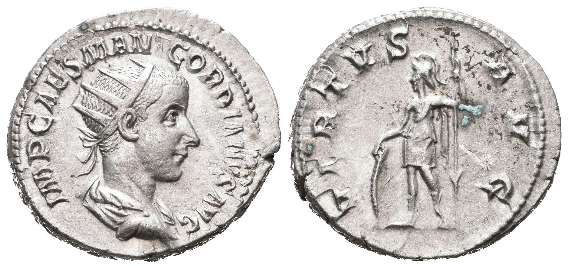 Antoninian, 238 - 239, Rv: VIRTVS AVG, stojící Virtus čelně přidržuje štít a drží oštěp, — 1