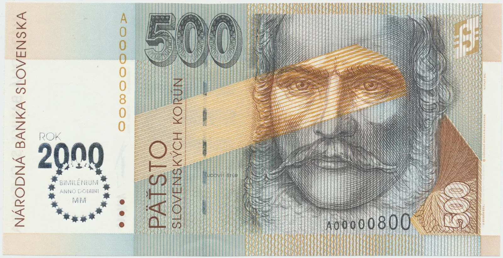 500 Koruna / 1. 10. 1993, II. vydání, přítisk 1999, mimořádné číslo A00000800, Hej.SK31a
