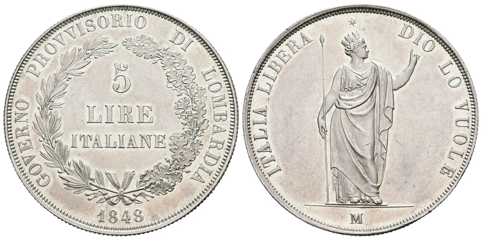 5 Lira 1848 M, Milano, krátké konce ratolestí, hvězda dál od koruny, Ves.12b, KM.22.1, — 1