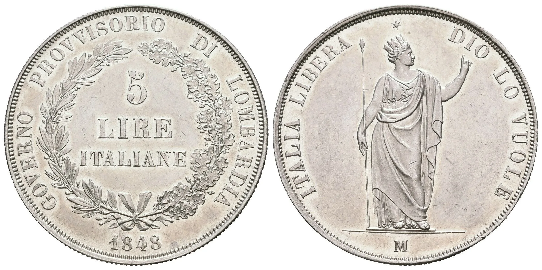 5 Lira 1848 M, Milano, krátké konce ratolestí, hvězda dál od koruny, Ves.12b, KM.22.1, — 1