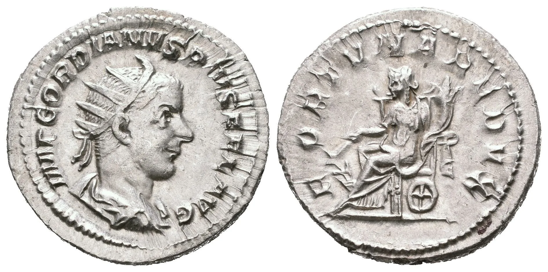 Antoninian, 243 - 244, Rv: FORTVNA REDVX, sedící Fortuna zleva drží kotvu a roh — 1