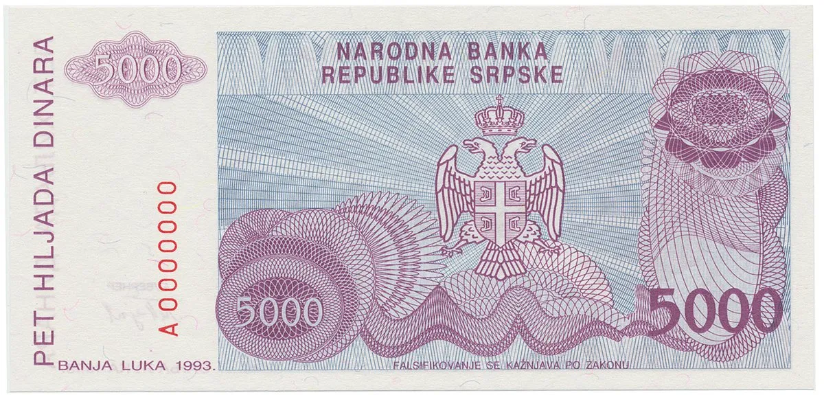Bosna a Hercegovina, 5000 Dinara 1993, anulát, A 0000000, P.149