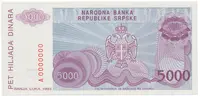 Bosna a Hercegovina, 5000 Dinara 1993, anulát, A 0000000, P.149