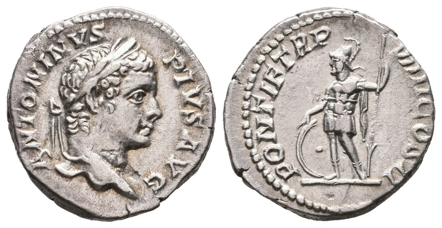 Denár, 205, Rv: PONTIF TR P VIII COS II, stojící nahý Mars zlrva drží obrácené — 1