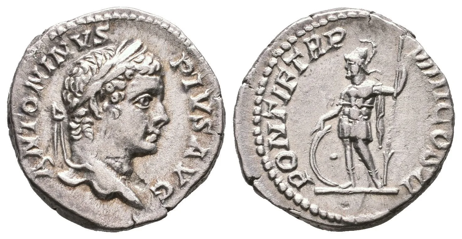 Denár, 205, Rv: PONTIF TR P VIII COS II, stojící nahý Mars zlrva drží obrácené — 1