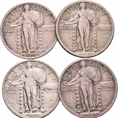 1/4 Dollar 1920, 1924 + 1/4 Dollar 1925 (2x), KM.145, patina, rysky_4 ks