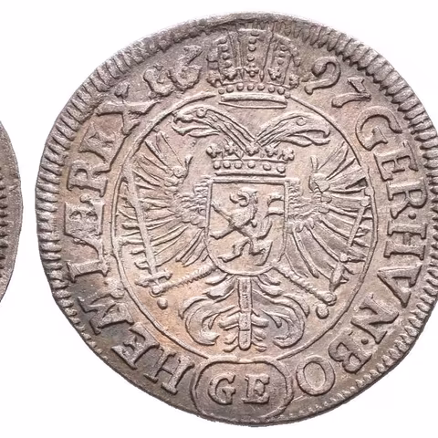 3 Krejcar 1697 GE, Praha-Egerer, Hal.1425, velmi pěkná zachovalost, tmavá patina,