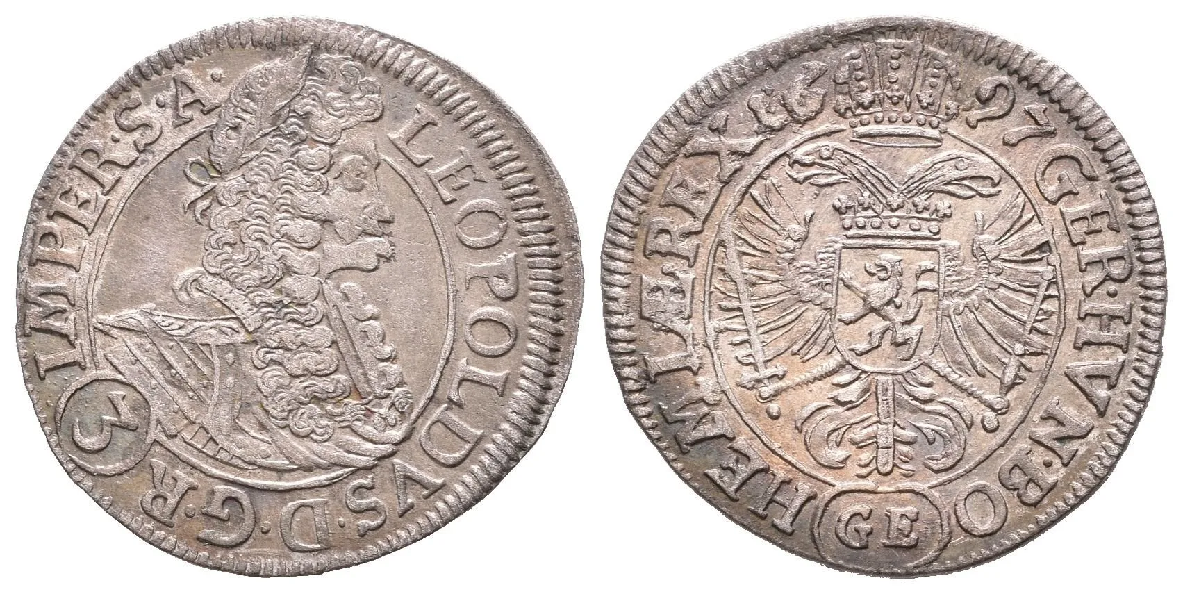 3 Krejcar 1697 GE, Praha-Egerer, Hal.1425, velmi pěkná zachovalost, tmavá patina, — 1