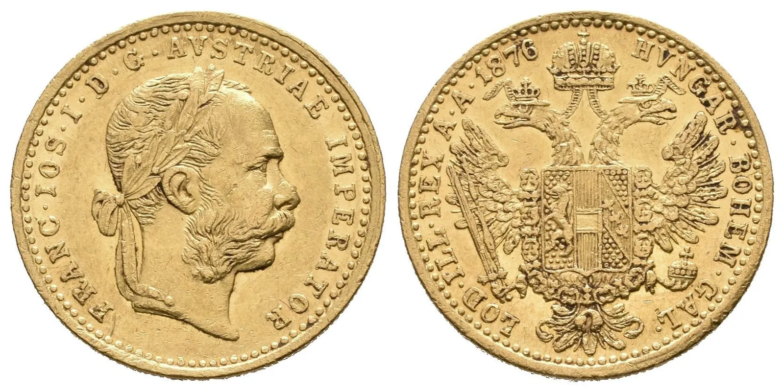 Dukát 1876, nep. zbytky lesku, patina, škr. a hranky, čištěn? — 1