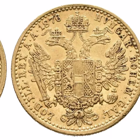 Dukát 1876, nep. zbytky lesku, patina, škr. a hranky, čištěn?