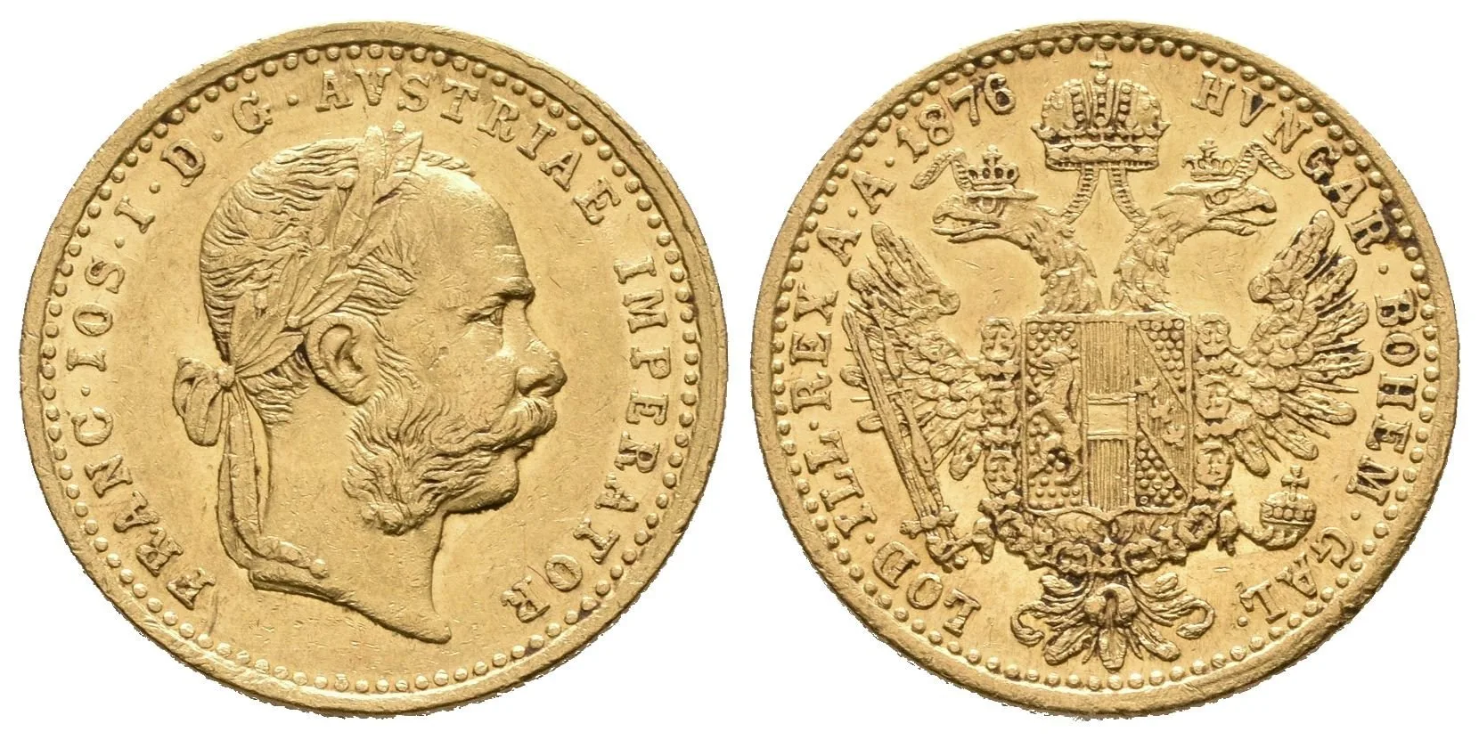 Dukát 1876, nep. zbytky lesku, patina, škr. a hranky, čištěn? — 1