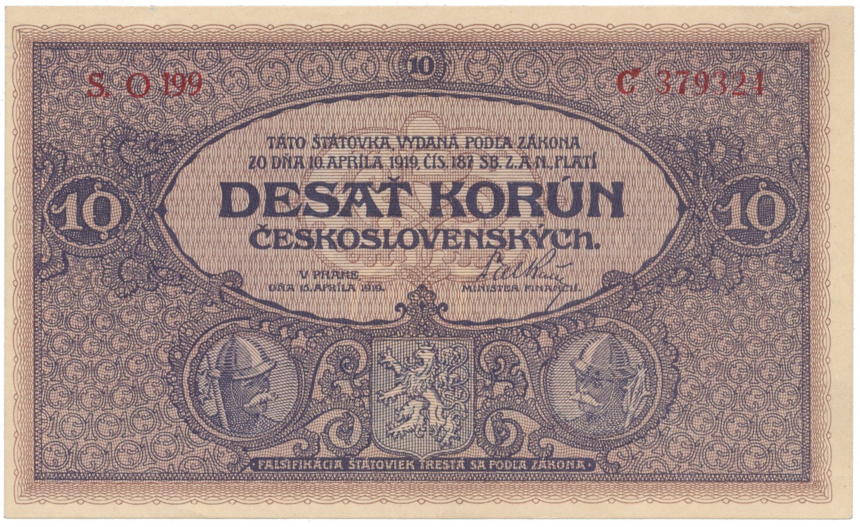10 Koruna 1919, série O 199, Hej.9b