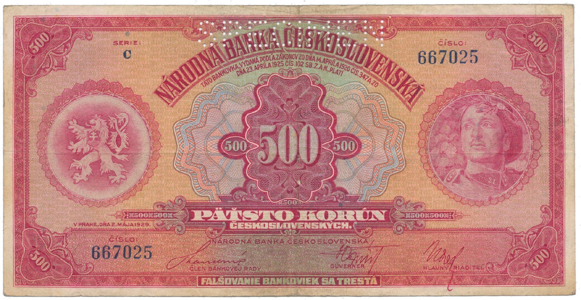 500 Koruna 1929, série C, SPECIMEN, Hej.23c.S1