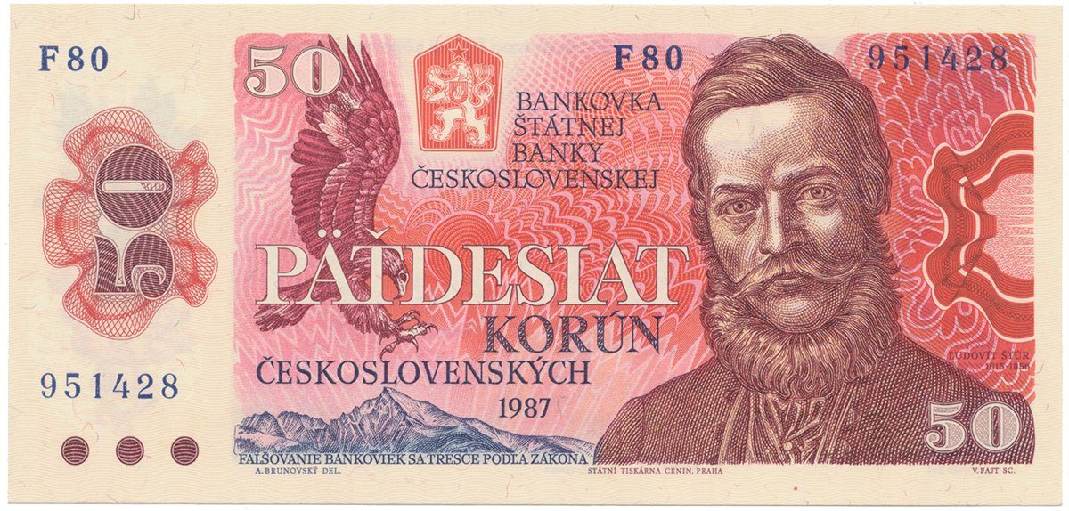 Československo, 50 Koruna 1987, série F, široké sériové číslo, Hej.108bF