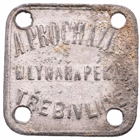 Třebivlice - A. Procházka, mlynář a pekař. Zn 23x23 mm, 4x dírka, oxidace