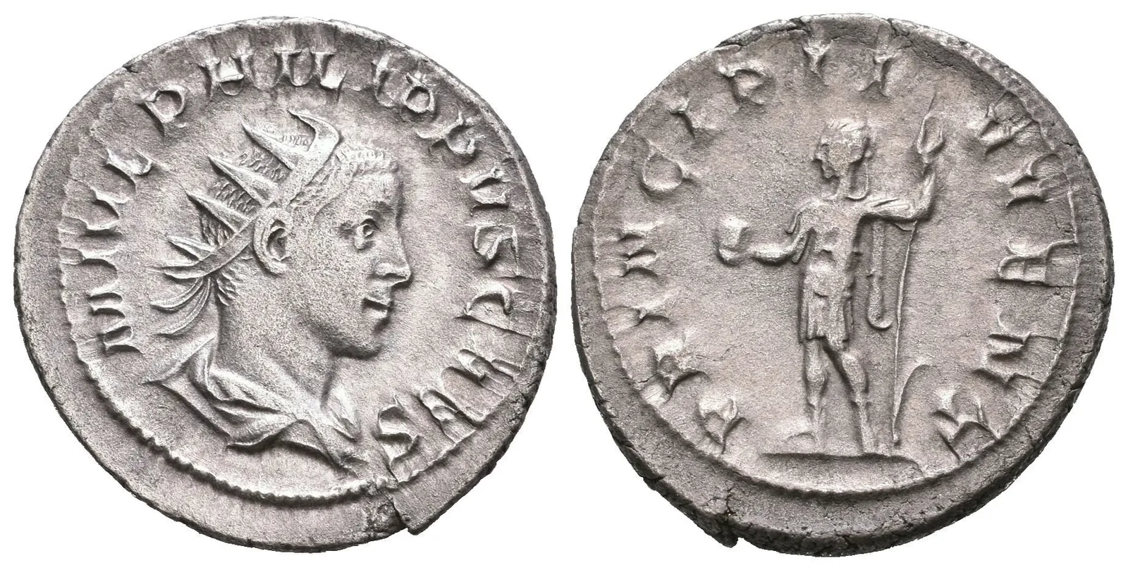 Antoninian, 244 - 246, Rv: PRINCIPI IVVENT, stojící Philip II. ve vojenském oděvu — 1