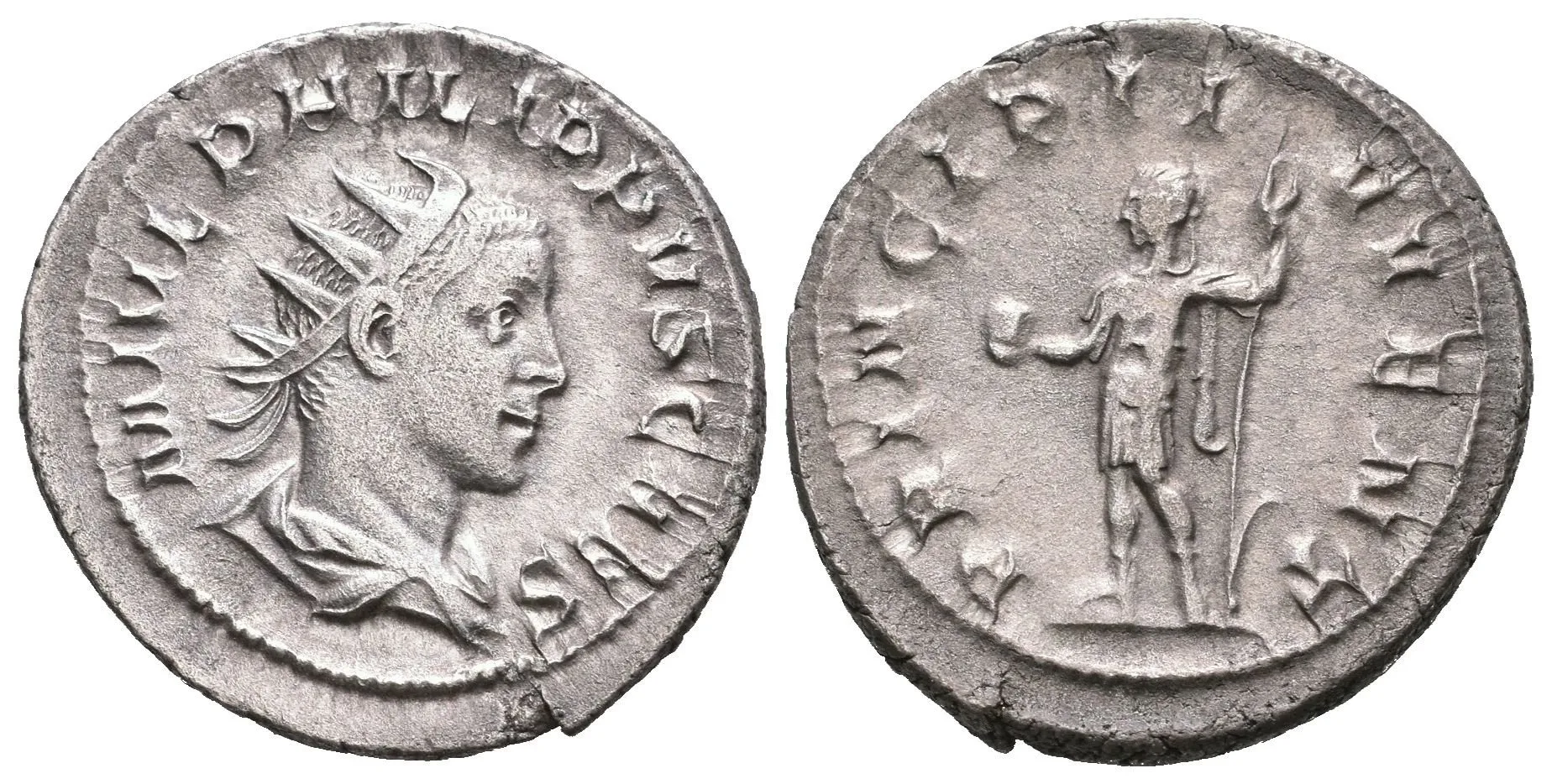 Antoninian, 244 - 246, Rv: PRINCIPI IVVENT, stojící Philip II. ve vojenském oděvu — 1