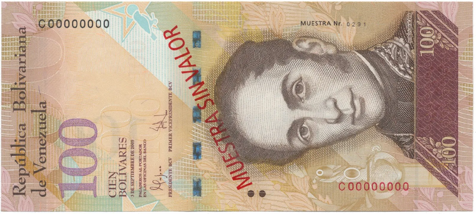 Venezuela, 100 Bolivares 2009, anulát - MUESTRA SIN VALOR, P.93cs