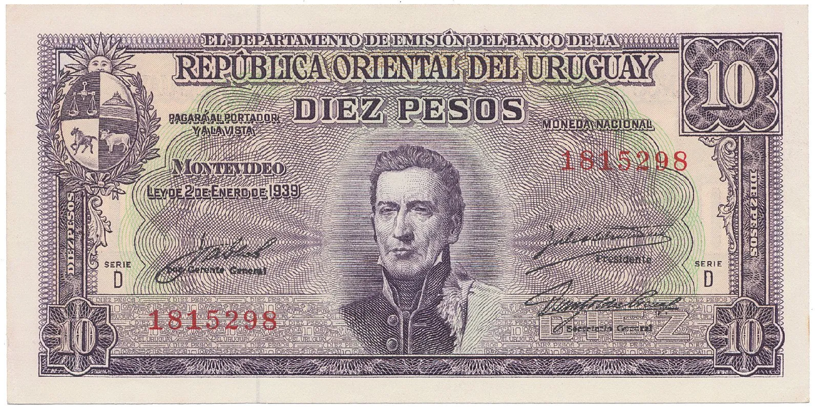 Uruguay, 10 Pesos (1939~1966), P.37c