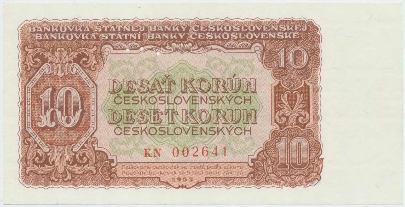 Československo, 10 Koruna 1953, tisk Praha, série KN, perf. 3 m.d., Hej.92b1.S1