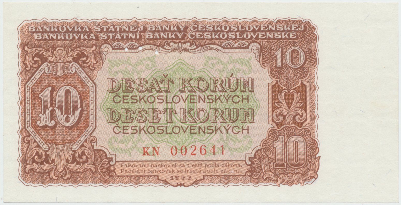 Československo, 10 Koruna 1953, tisk Praha, série KN, perf. 3 m.d., Hej.92b1.S1