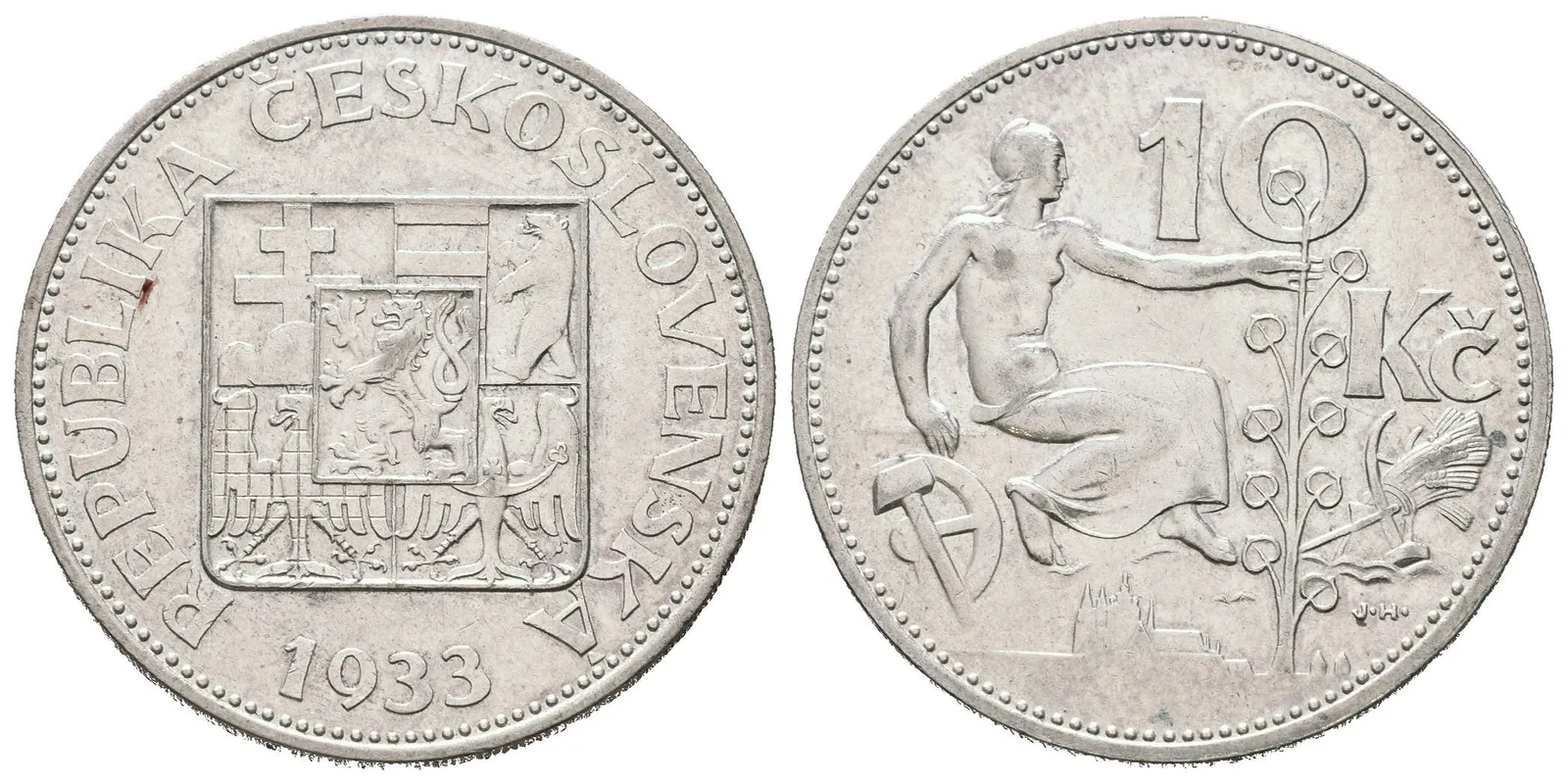 10 Koruna 1933, velmi pěkná zachovalost, téměř kompletní lesk v ploše, — 1