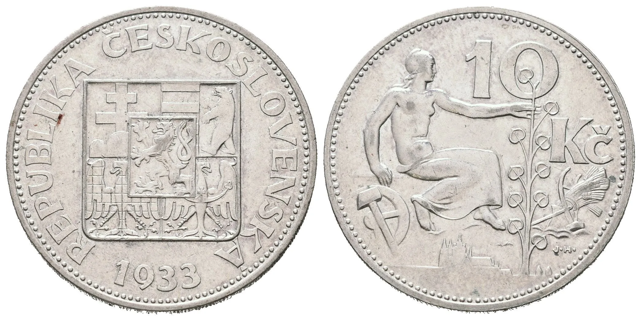 10 Koruna 1933, velmi pěkná zachovalost, téměř kompletní lesk v ploše, — 1