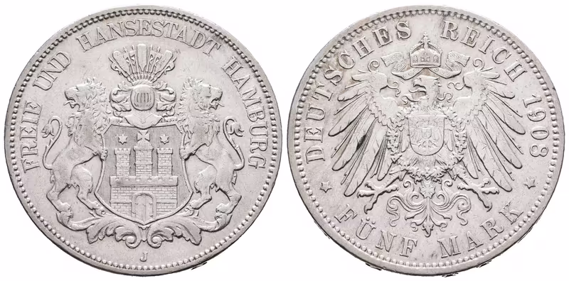 Hamburg, 5 Marka 1908 J