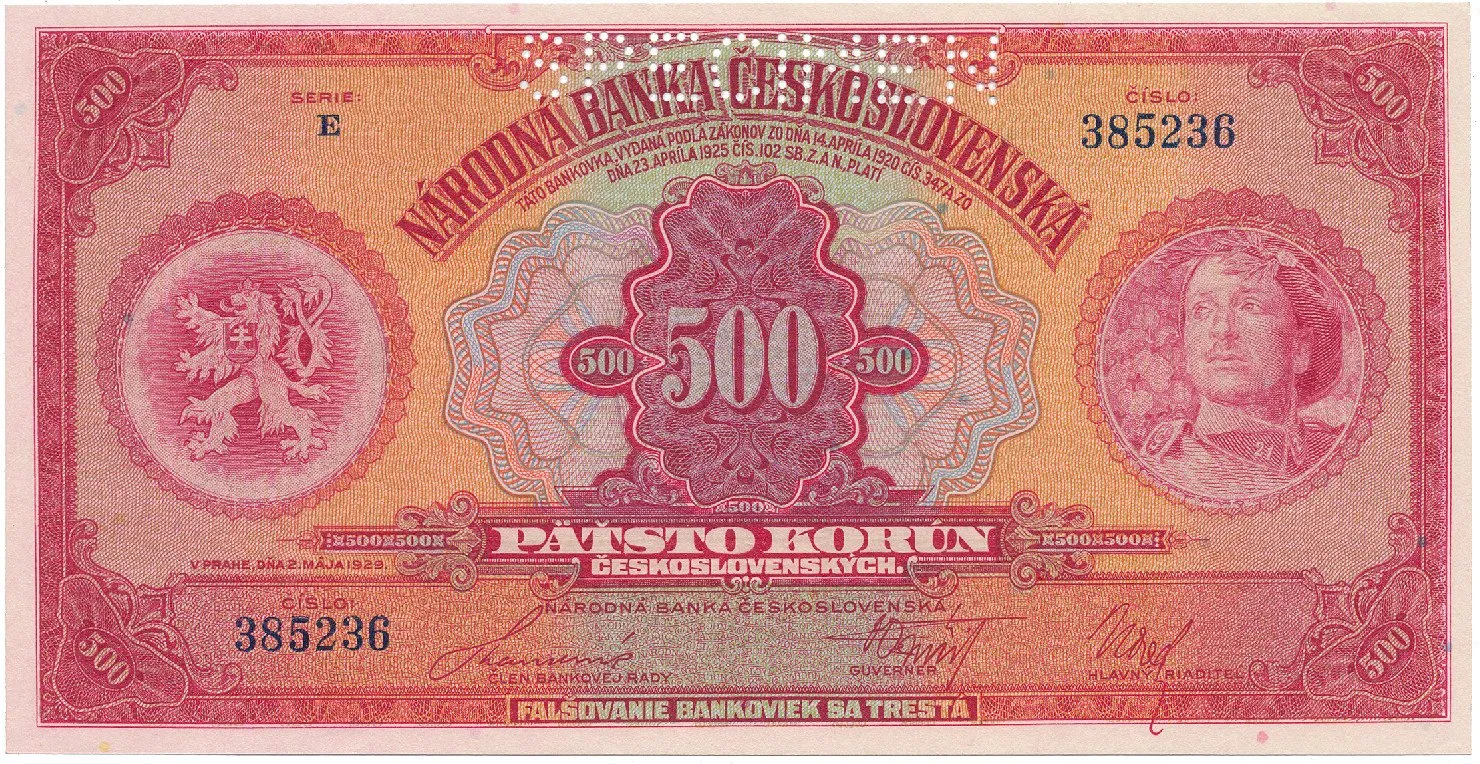 Československo, 500 Koruna 1929, perf. 1x SPECIMEN, Hej.23c