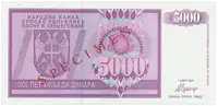 Bosna a Hercegovina, 5000 Dinara 1992, bankovní vzor, AA 0000000, přet. SPECIMEN, P.138s - fotografie 2