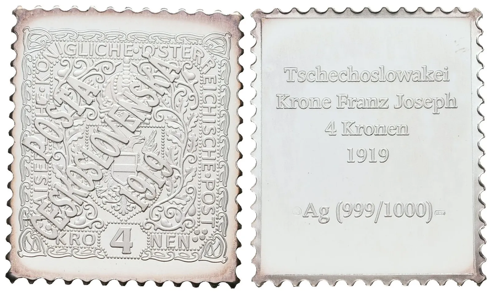 Stříbrná známka - Československo - přetisk na 4 koruně -1919  - Ag 8 g 999/1000