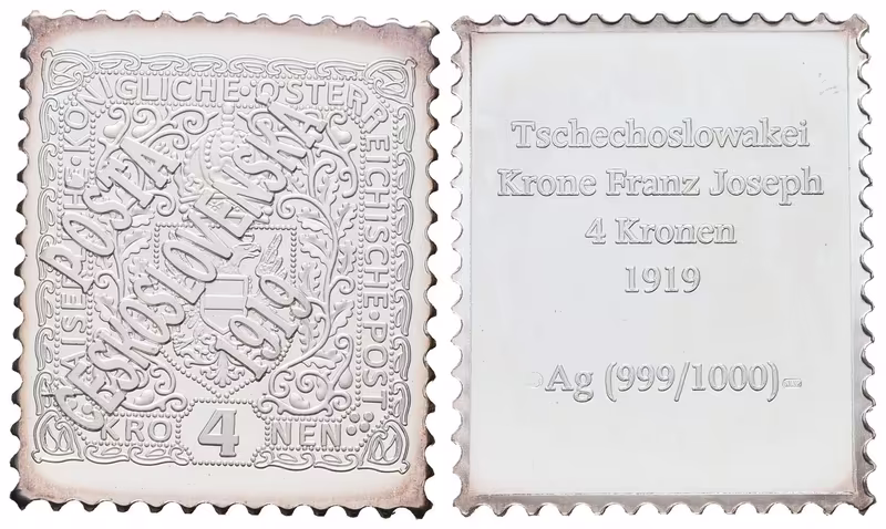 Stříbrná známka - Československo - přetisk na 4 koruně -1919  - Ag 8 g 999/1000