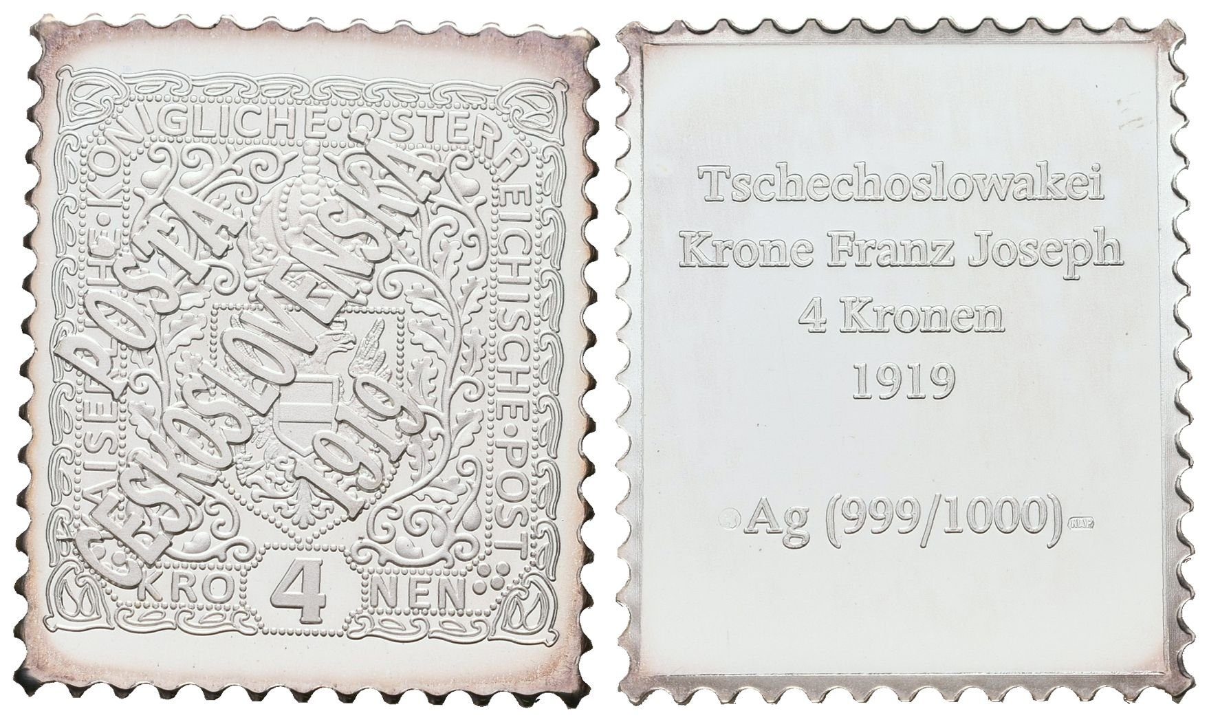 Stříbrná známka - Československo - přetisk na 4 koruně -1919  - Ag 8 g 999/1000