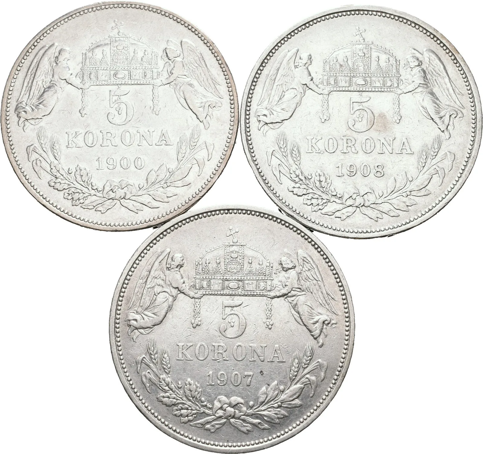 5 Koruna 1900 KB, 1907 KB, 1908 KB, pěkné zachovalosti, patina, škr., oběh_3 ks — 1