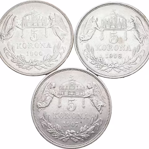 5 Koruna 1900 KB, 1907 KB, 1908 KB, pěkné zachovalosti, patina, škr., oběh_3 ks