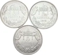 5 Koruna 1900 KB, 1907 KB, 1908 KB, pěkné zachovalosti, patina, škr., oběh_3 ks — 1