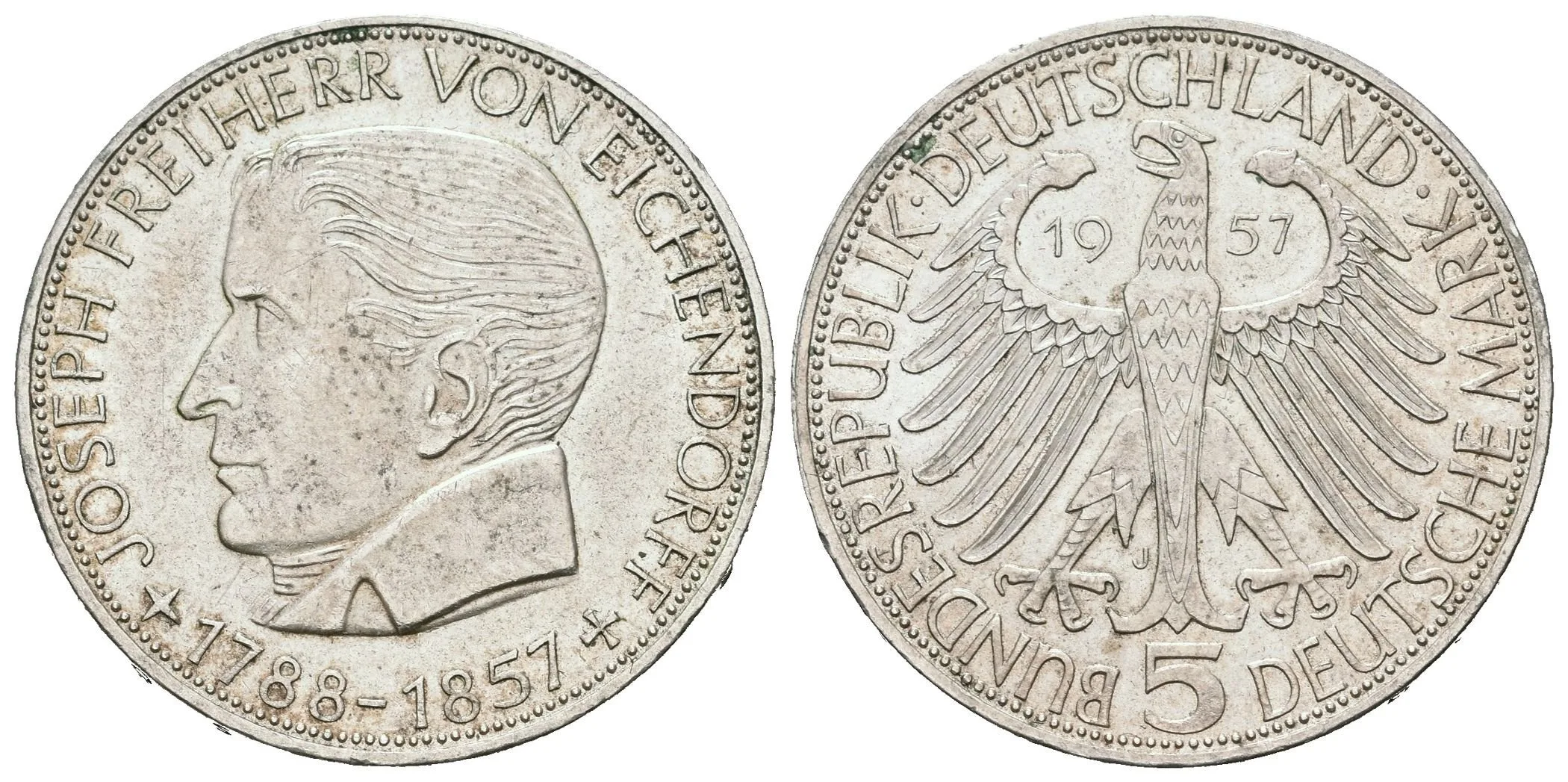 5 Marka 1957 J - Eichendorff, J.391, patina_R! — 1